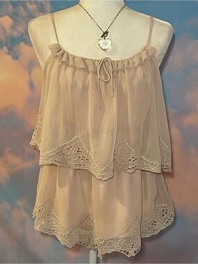 Ethereal and Flowy Blush Pink Alythea Layered Eyelet Trim Cami